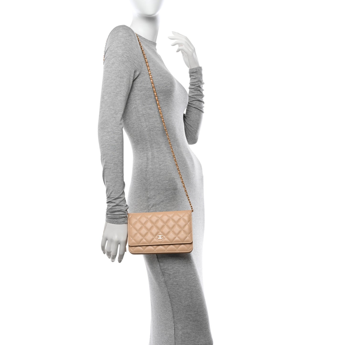 Caviar Quilted Wallet on Chain WOC Beige