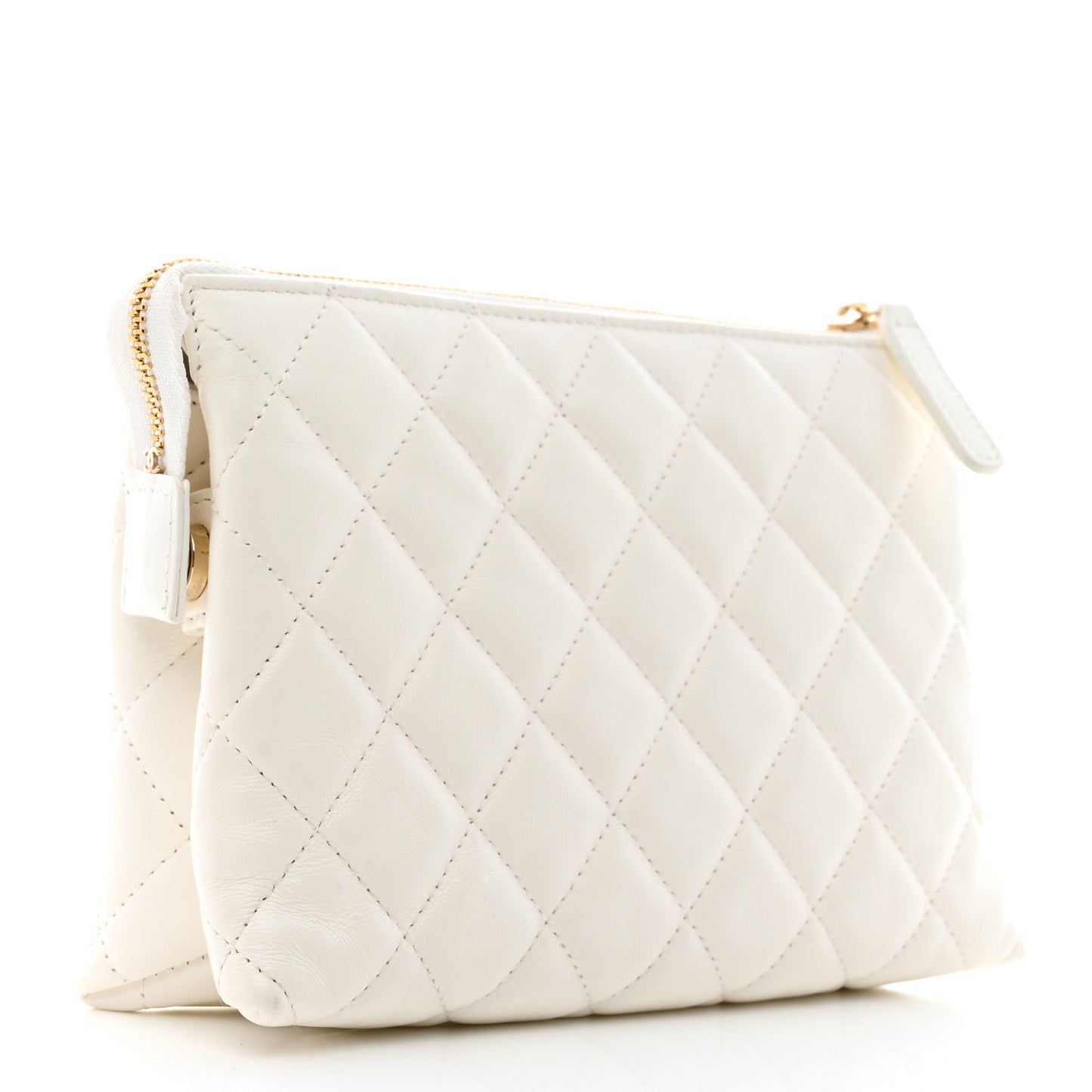 Shiny Crumpled Calfskin Quilted Clutch Bag White