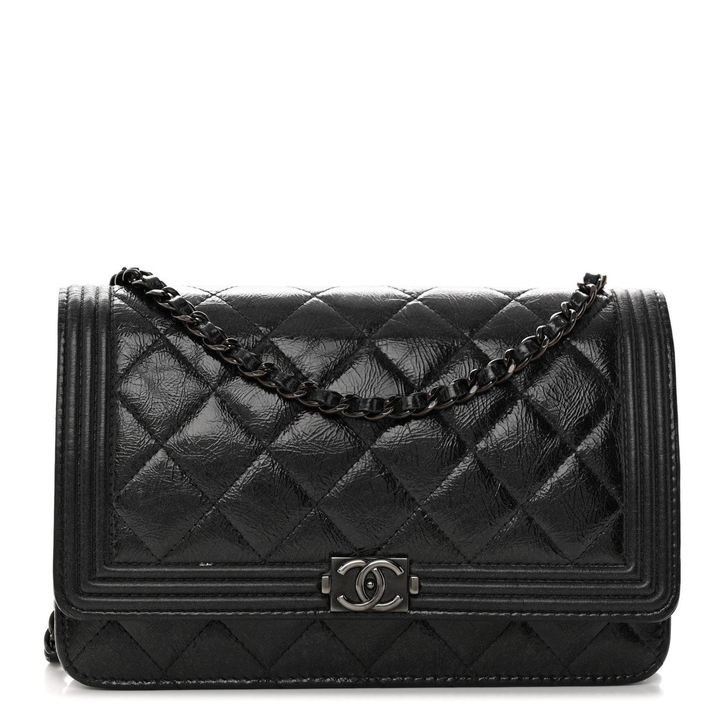 Shiny Aged Calfskin Quilted Boy Wallet On Chain WOC So Black