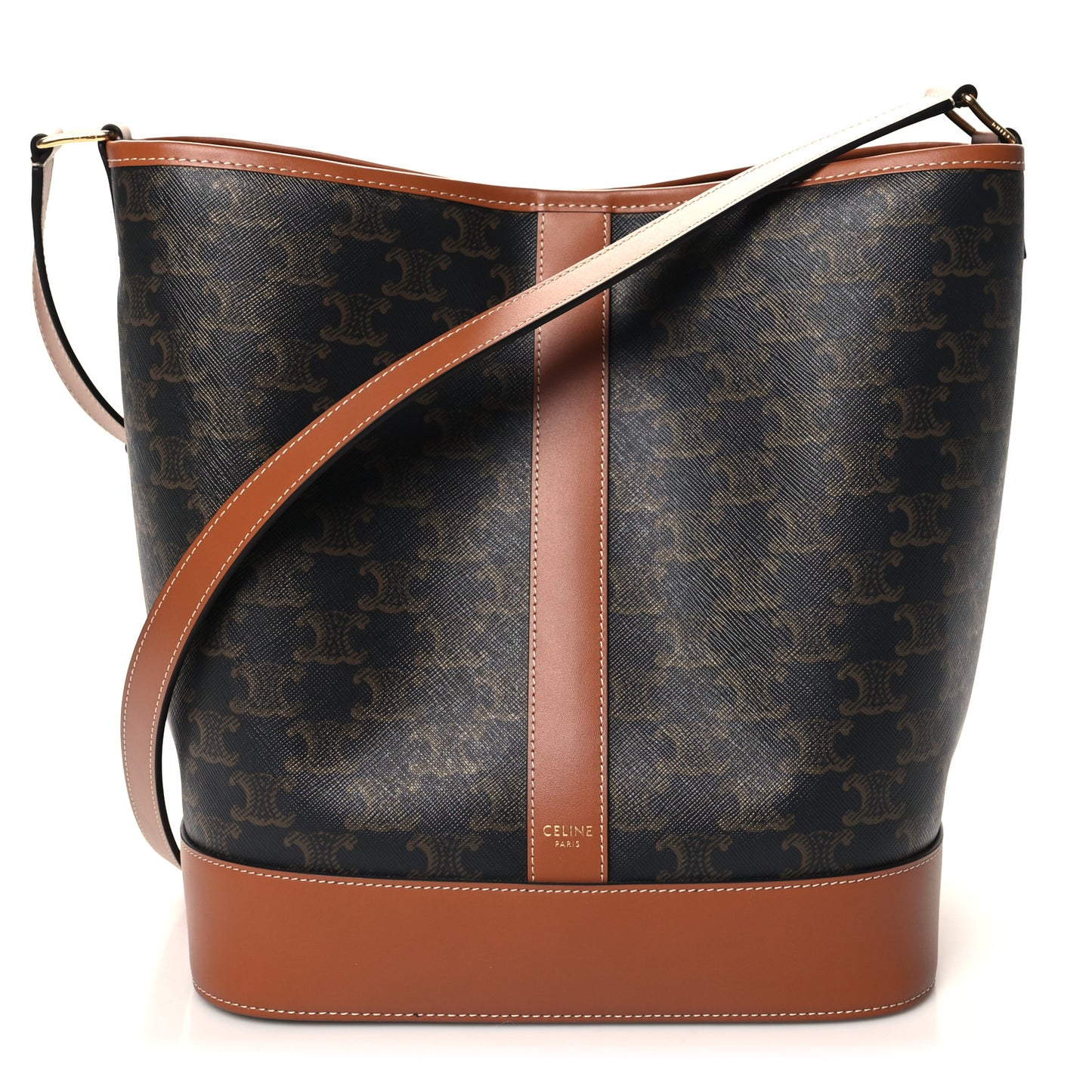 Triomphe Canvas Calfskin Medium Bucket Bag Tan