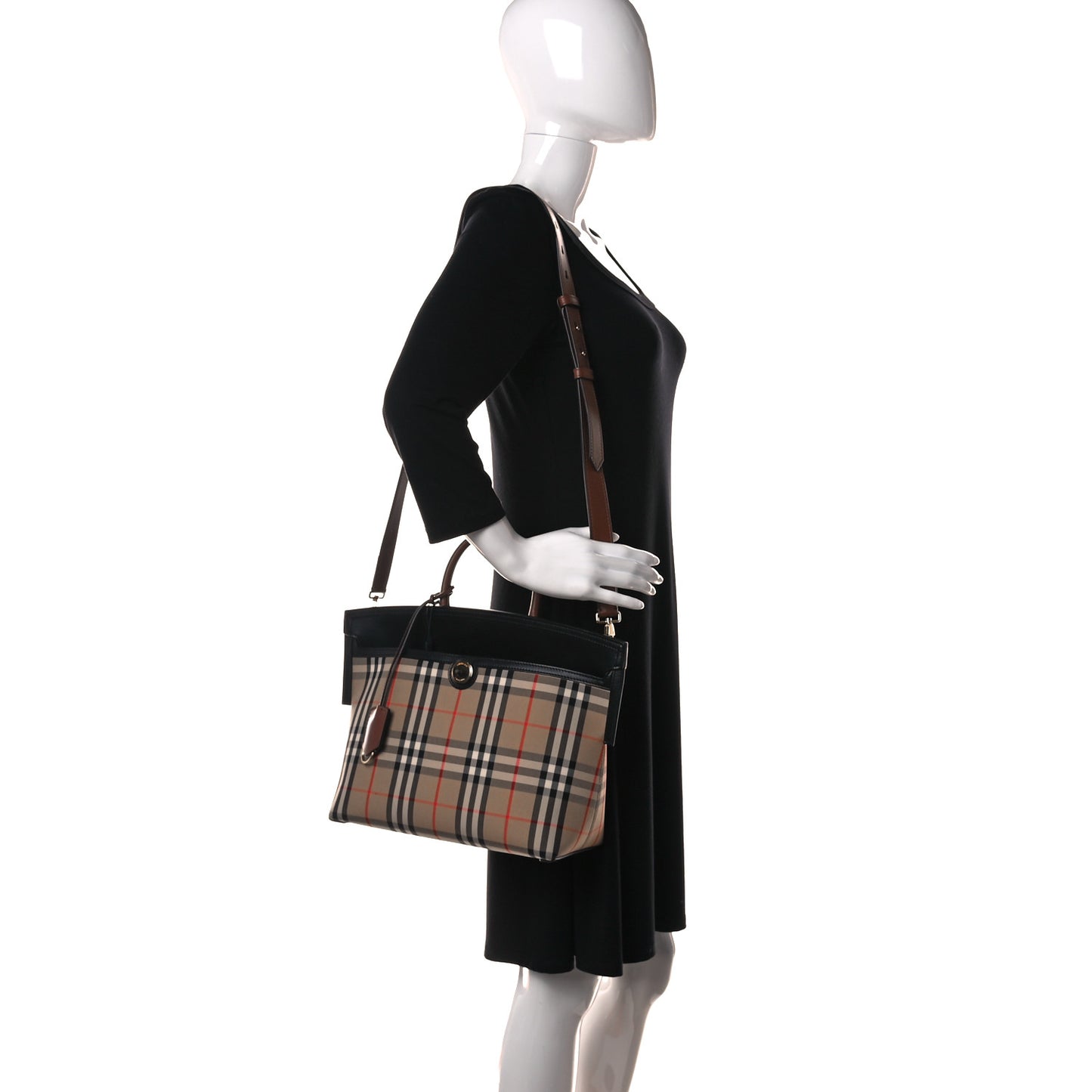 Calfskin Vintage Check Small Society Top Handle Bag Archive Beige Black