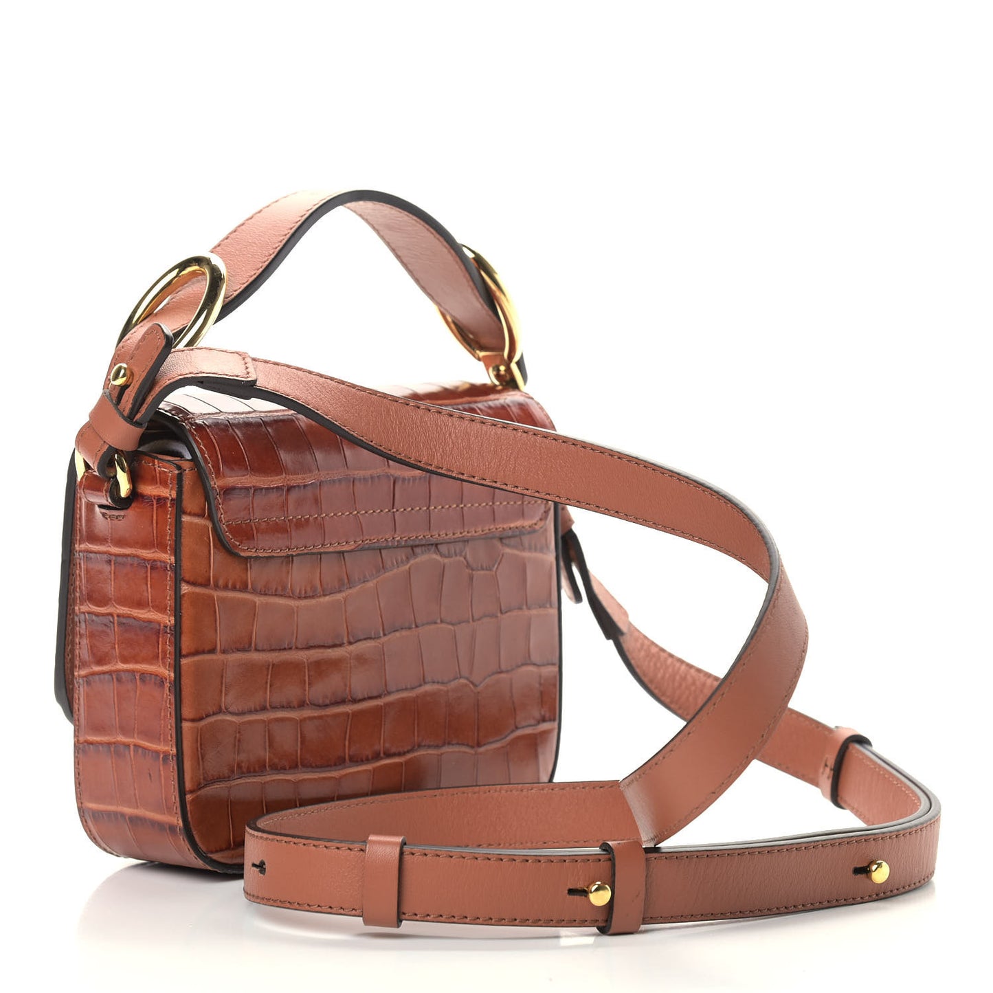 Calfskin Crocodile Embossed Mini C Double Carry Chestnut Brown