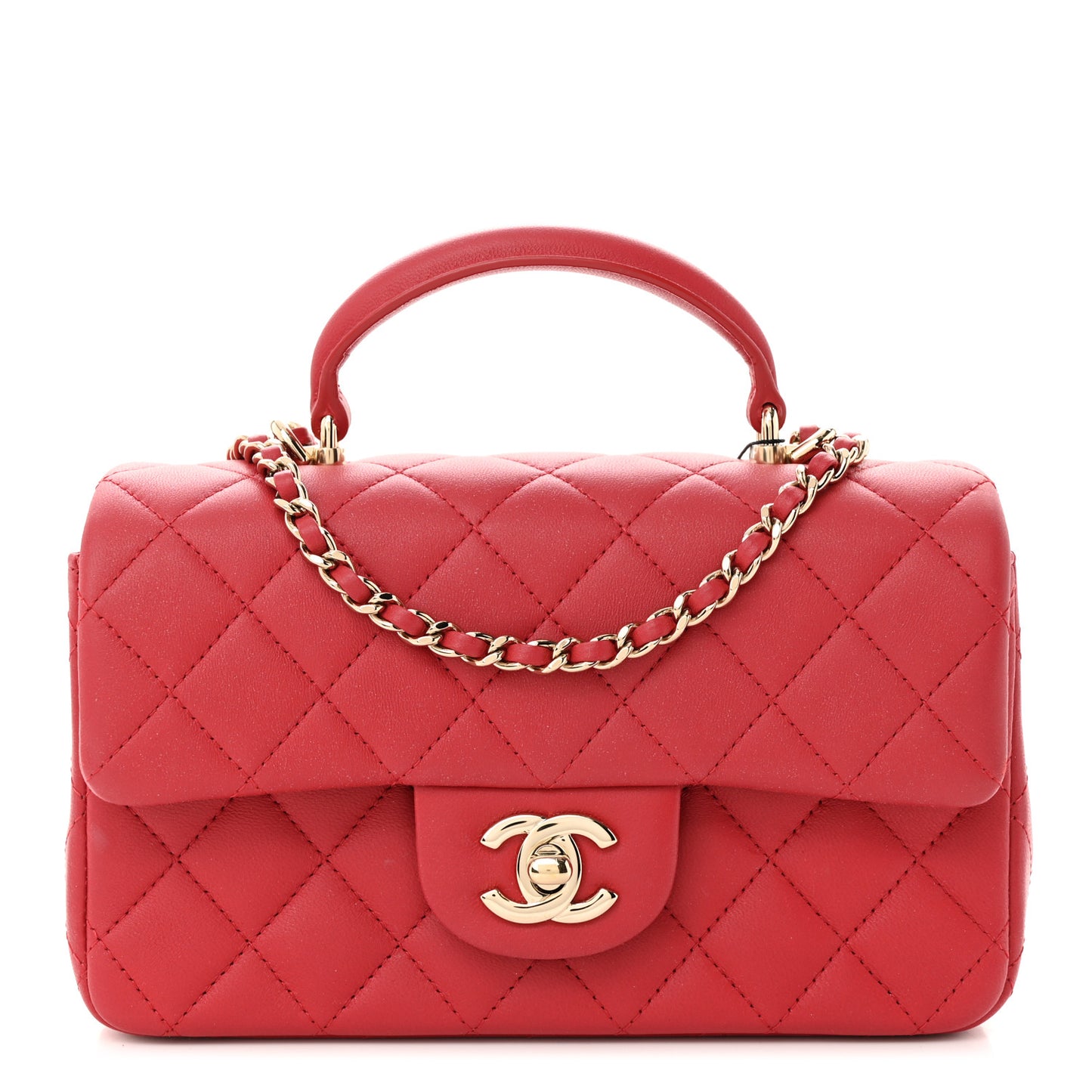 Lambskin Quilted Mini Top Handle Rectangular Flap Red