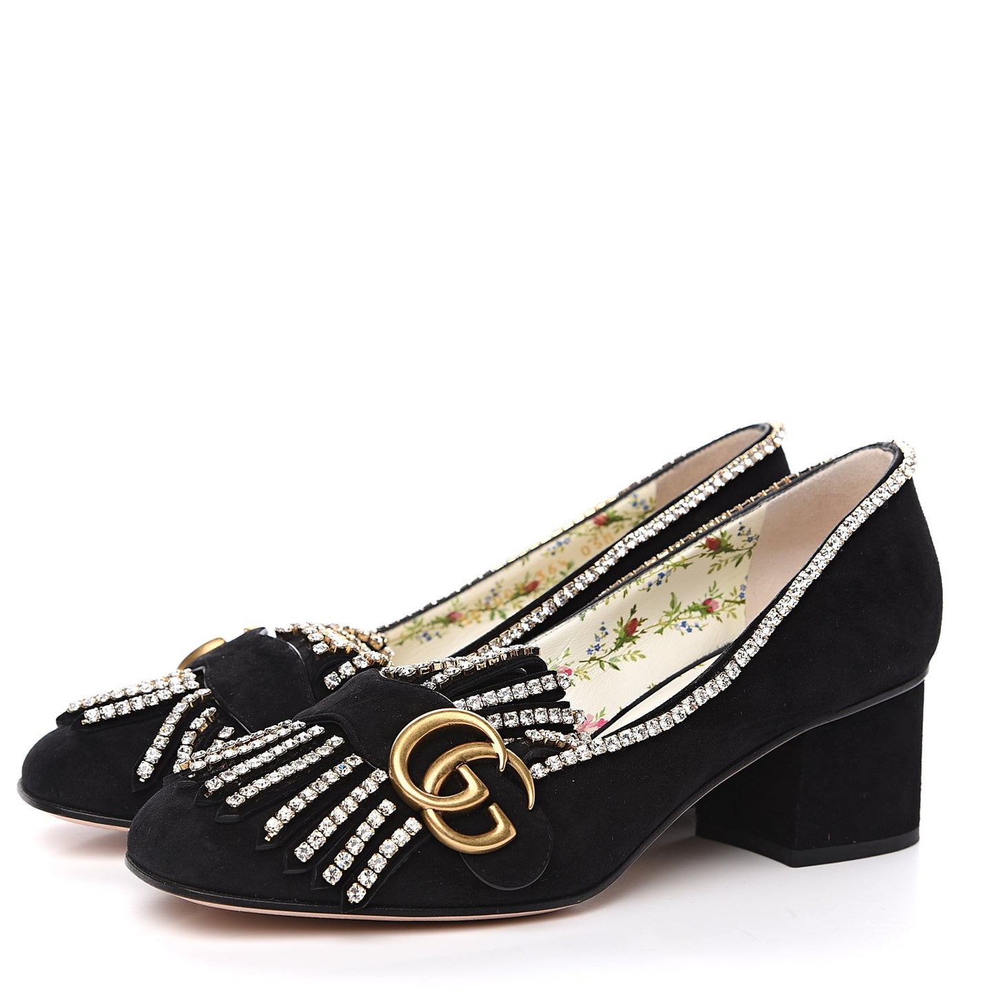 Kid Scamosciato Crystal GG Marmont Fringe 50mm Loafer Pumps 36.5 Black