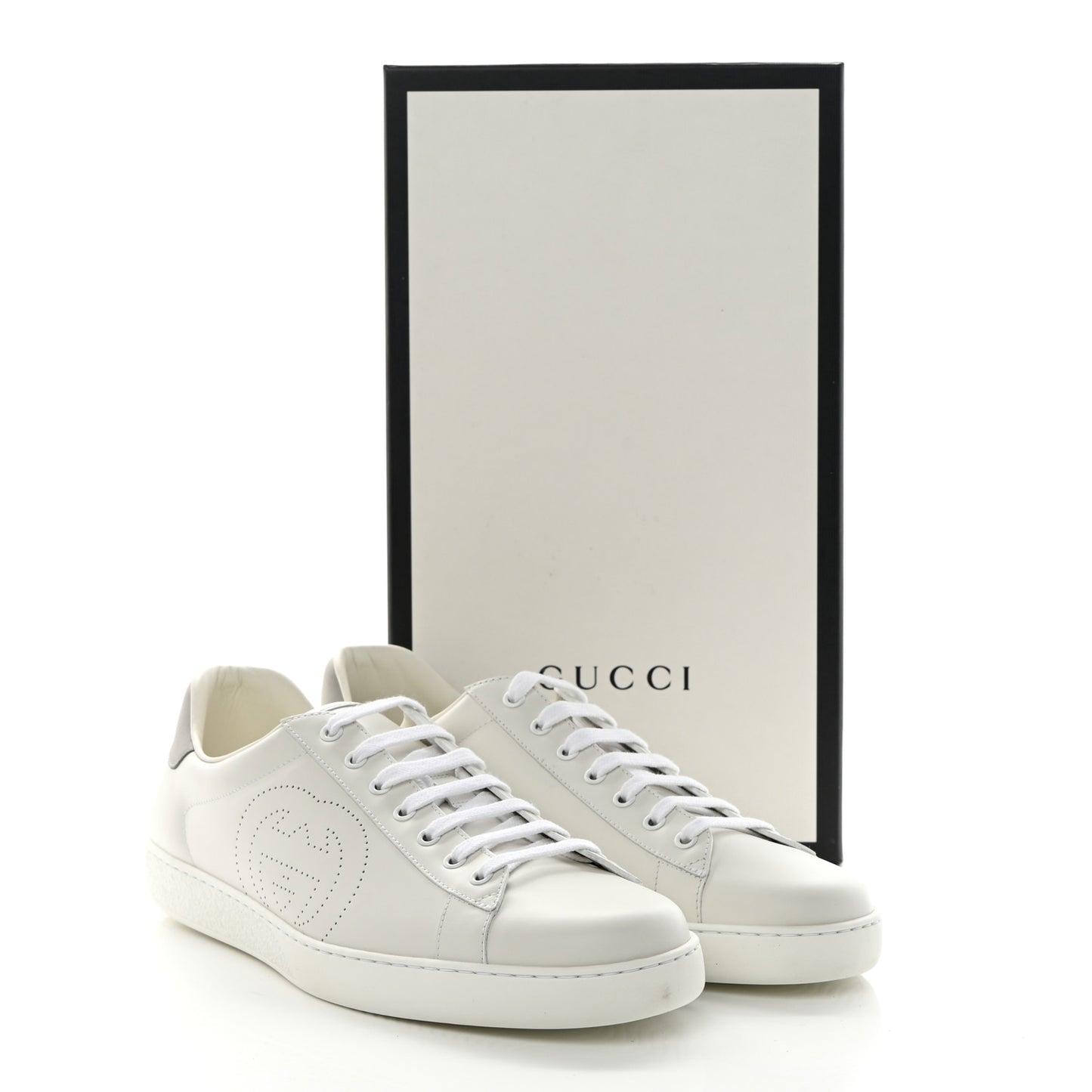 Calfskin Interlocking G Perforated Mens Ace Sneakers 13 White Grey Sky