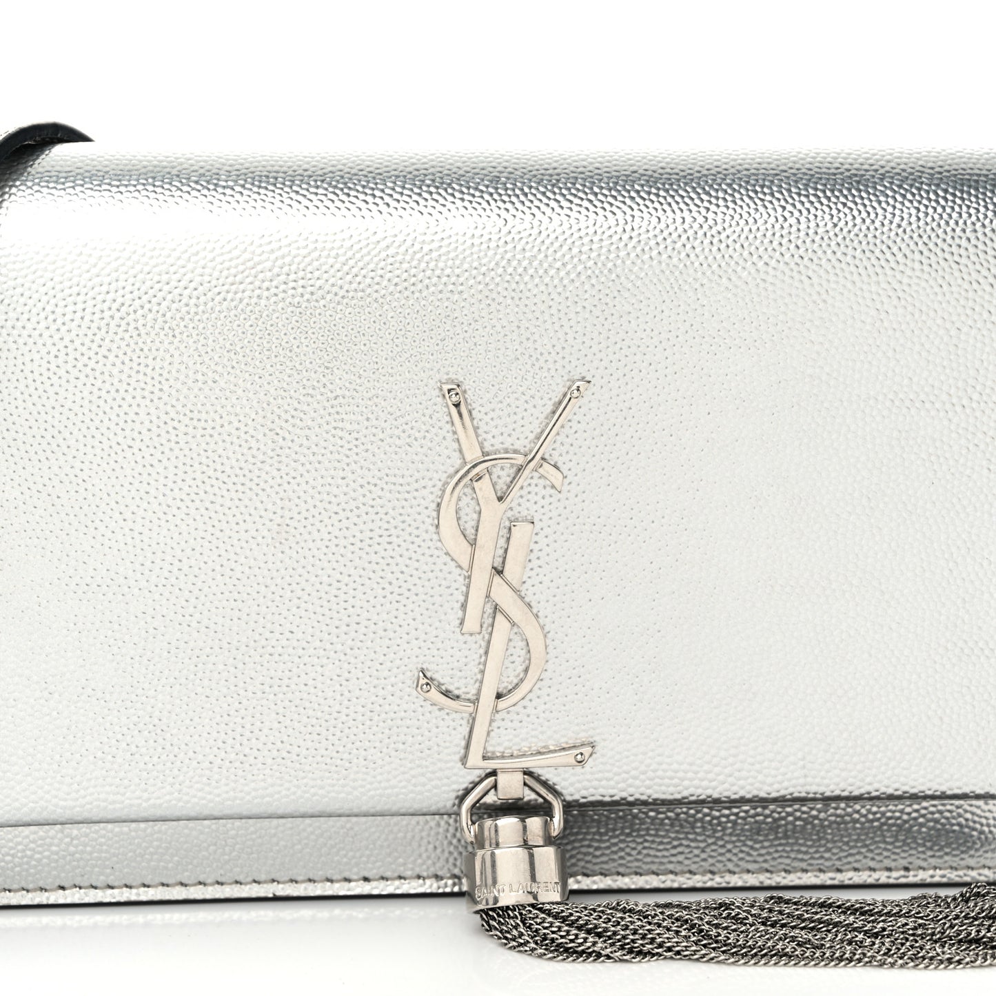 Metallic Grain De Poudre Kate Monogram Tassel Chain Wallet Silver
