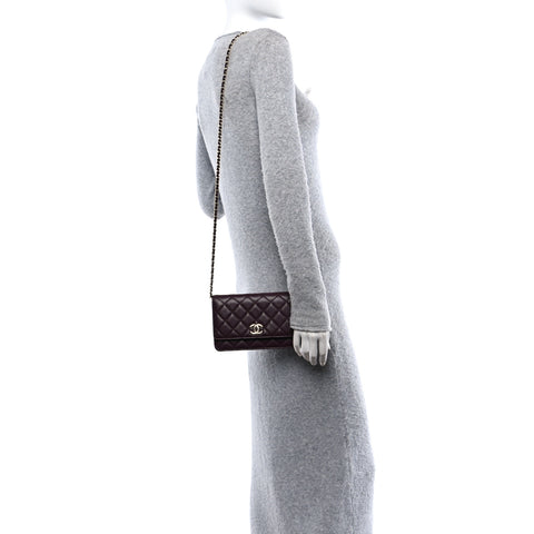 Caviar Quilted Embossed CC Wallet On Chain WOC Dark Burgundy