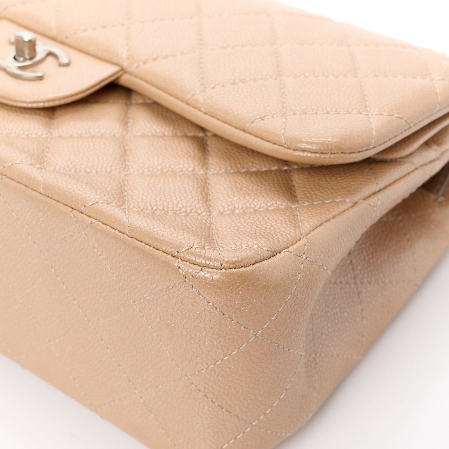 Pearly Caviar Quilted Jumbo Double Flap Beige