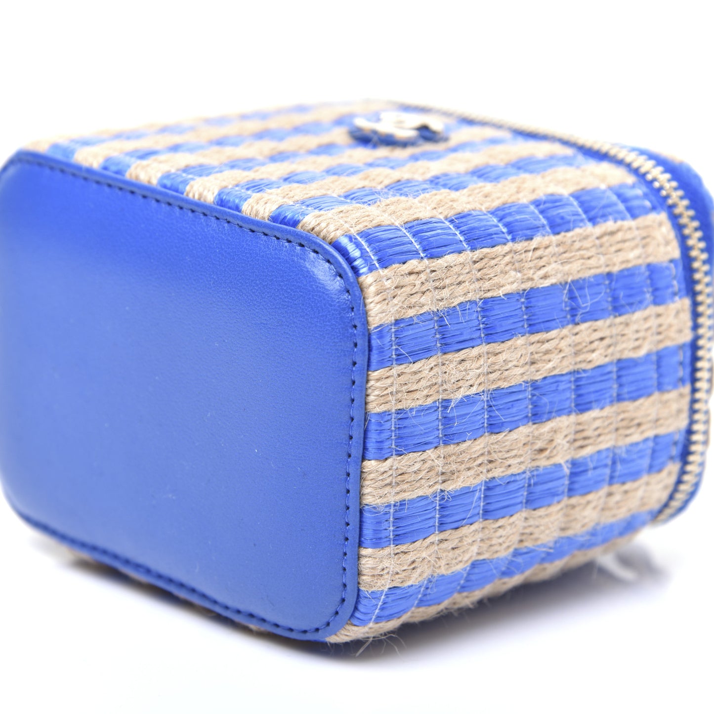 Raffia Jute Striped Mini Vanity Case With Chain Blue Beige