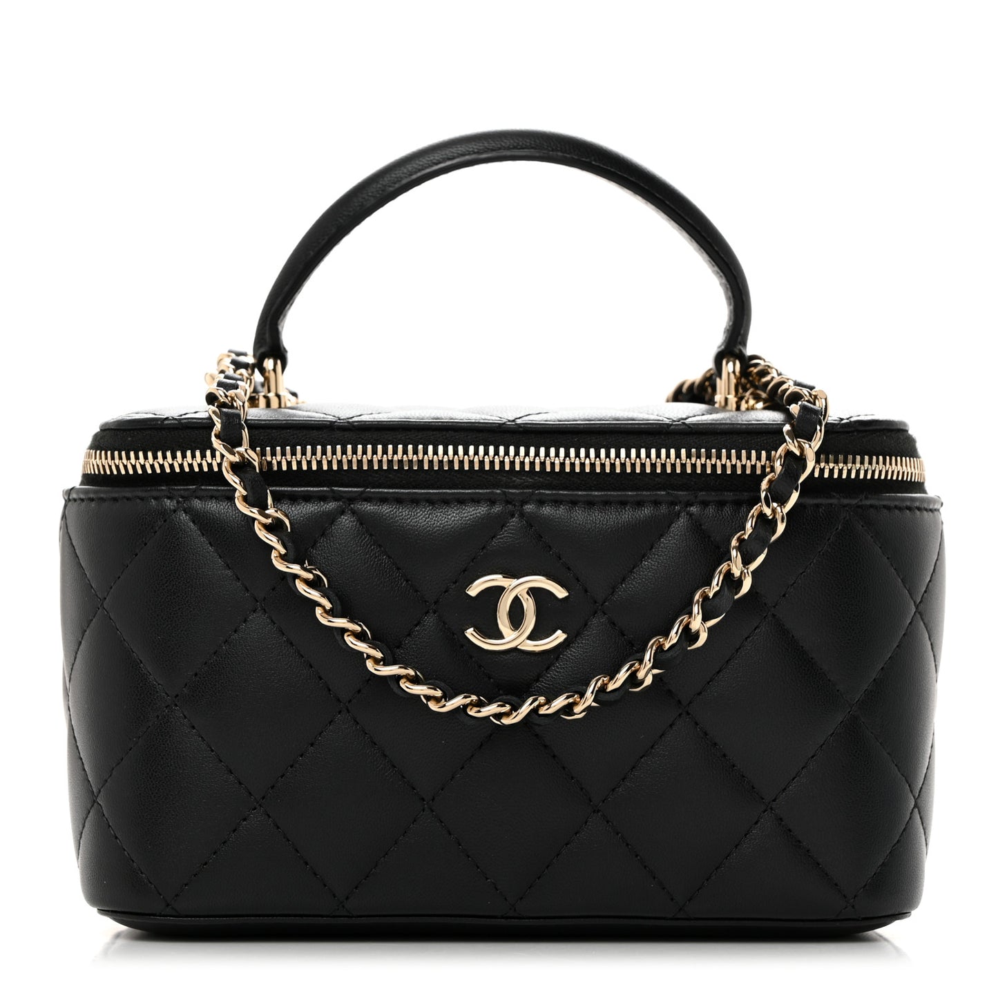 Lambskin Quilted Small Top Handle Vanity Case With Chain Black