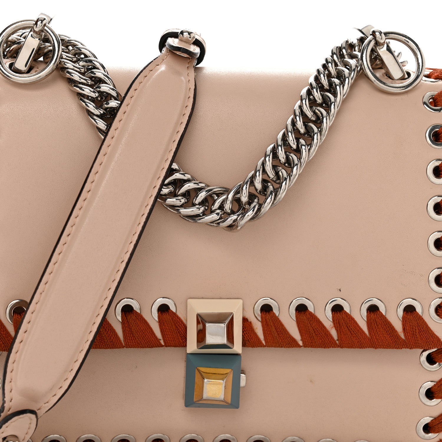 Fendi Vitello Liberty Lucido Ribbon Lace Up Studded Small Kan I Shoulder Bag Plaster 9 of 12