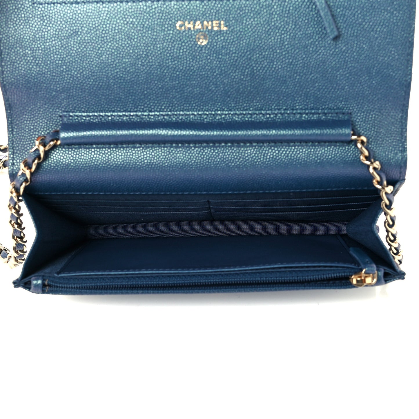 Iridescent Caviar Quilted Wallet On Chain WOC Dark Blue
