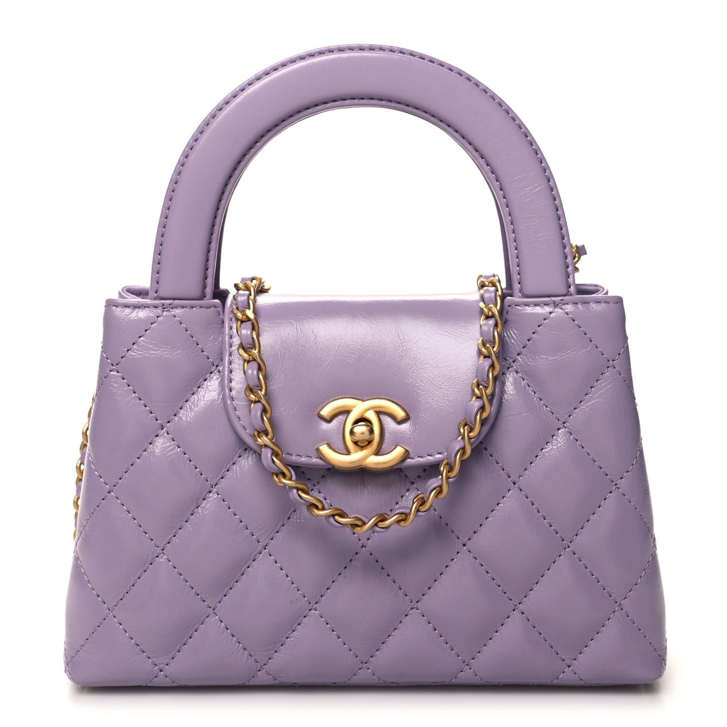 Shiny Aged Calfskin Quilted Nano Kelly Shopper Lilac