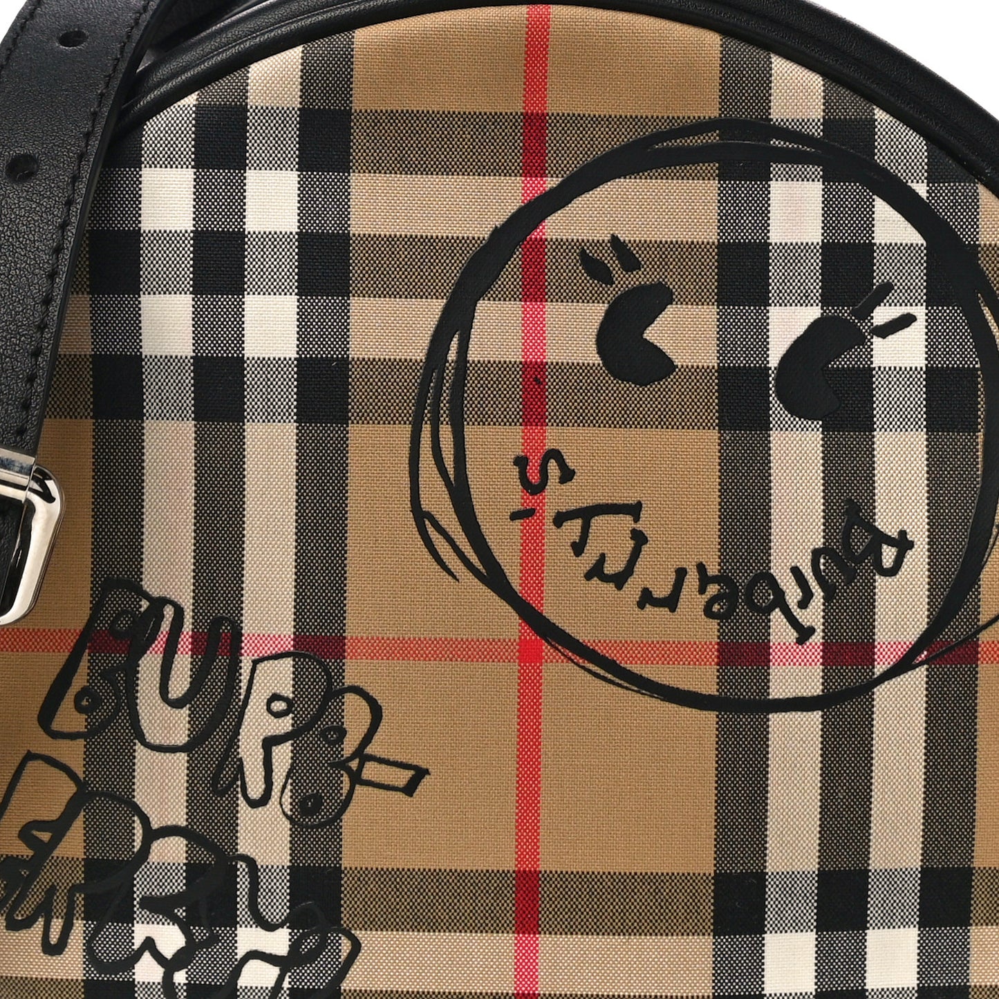 Vintage Check Calfskin Cartoon Print Round Bag Black White
