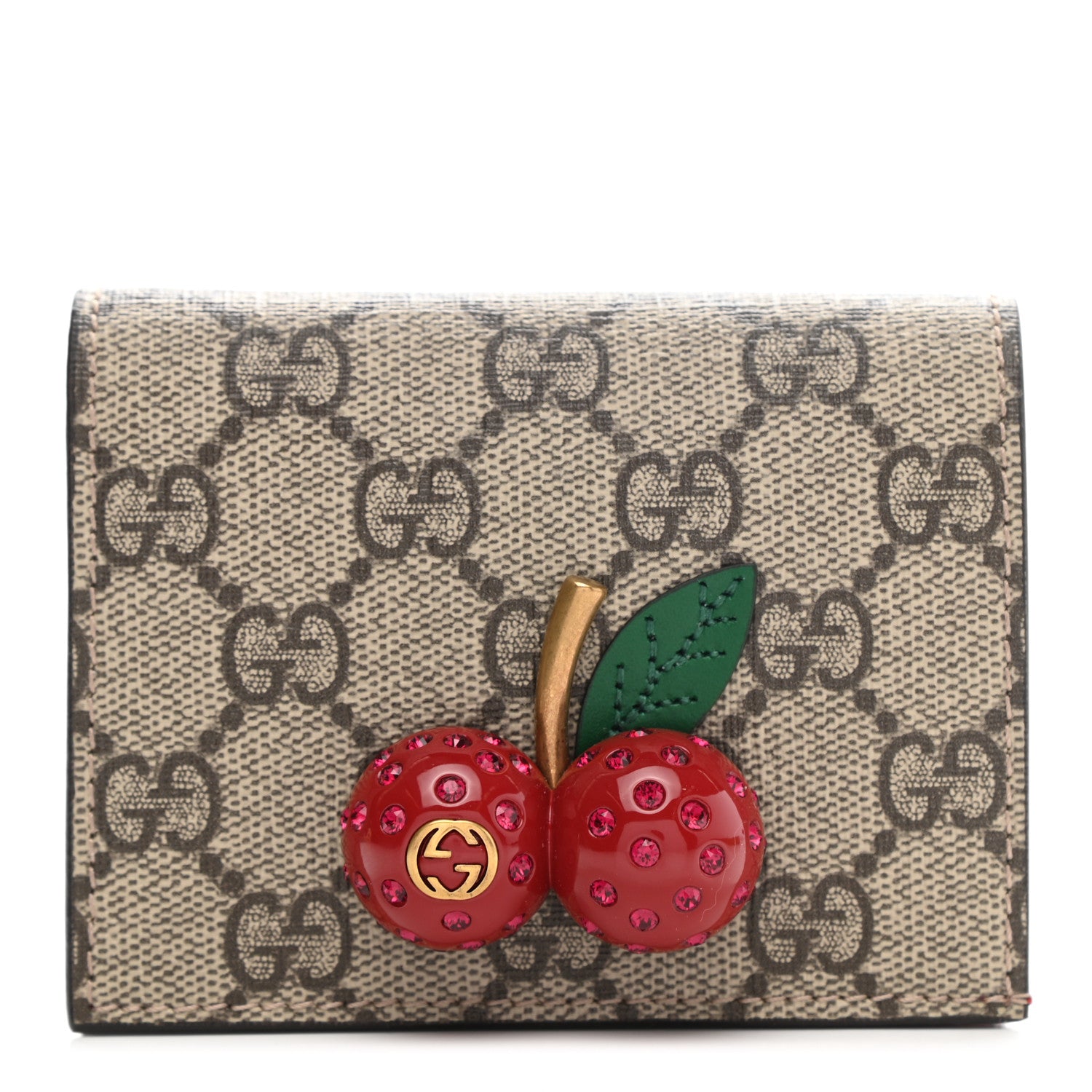 Gucci GG Supreme Monogram Cherry Embellished Card Case Wallet Hibiscus Red 1 of 8