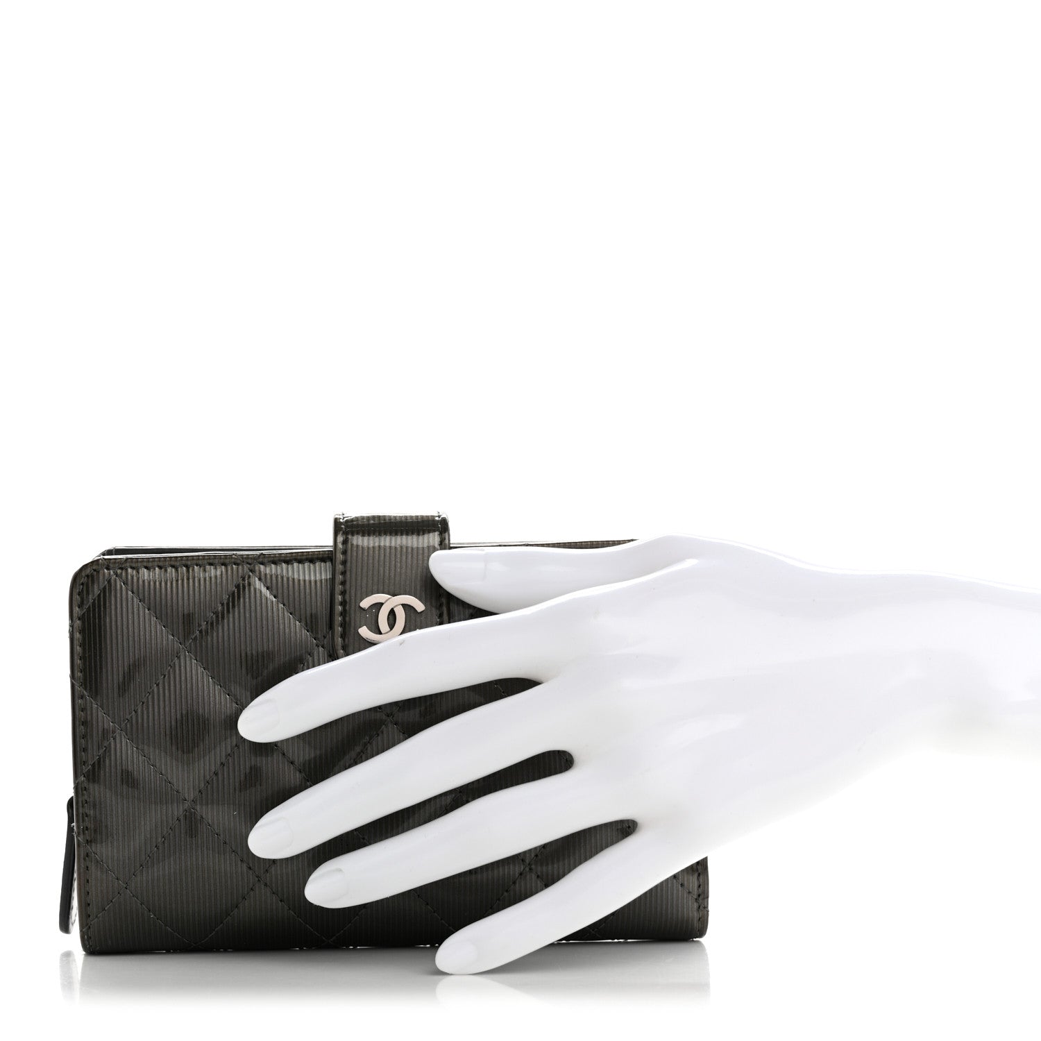 Chanel Striated Patent CC French Wallet Dark Grey 2 of 11