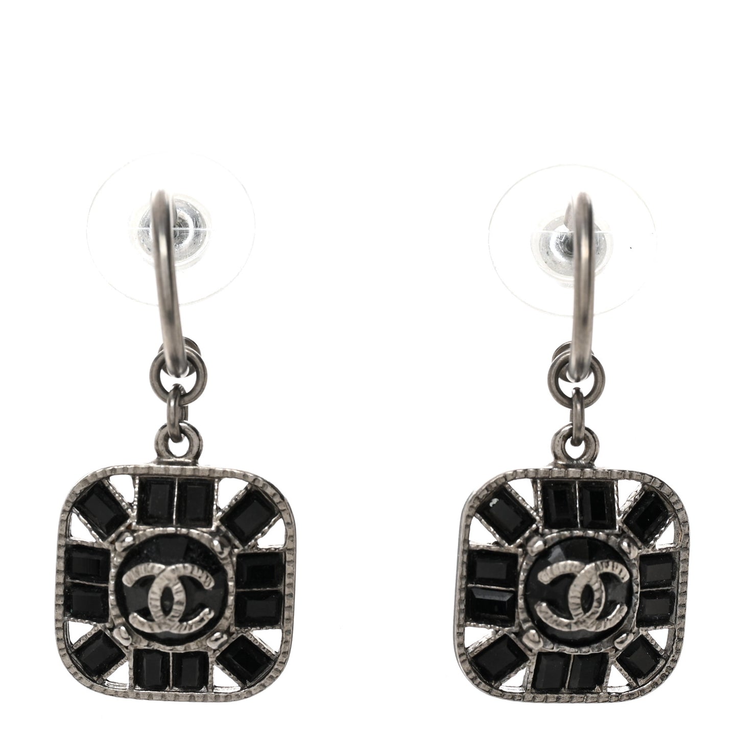 Baguette Crystal CC Drop Earrings Silver Black