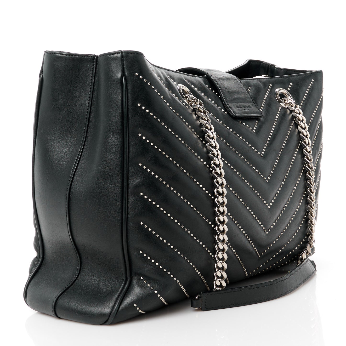 Lambskin Matelasse Studded Chevron Monogram Shopping Bag Black