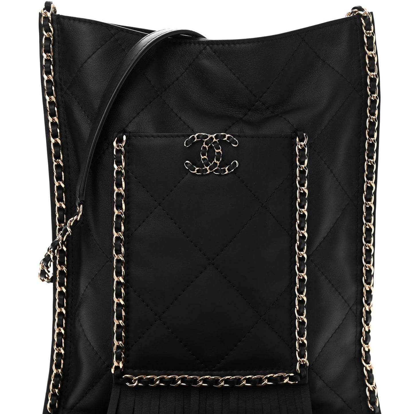 Calfskin Quilted Fringe Small Shopping Bag Black