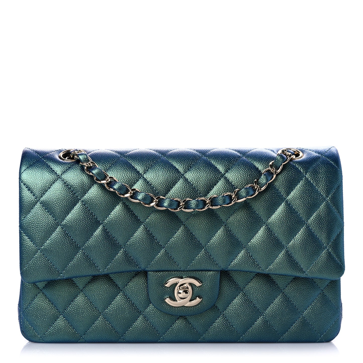 Iridescent Caviar Quilted Medium Double Flap Green