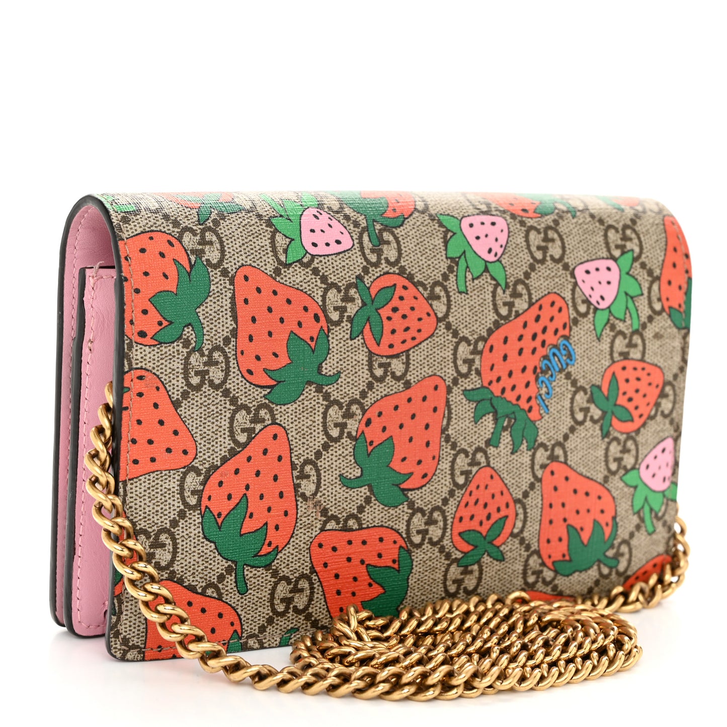 GG Supreme Monogram Strawberry Chain Wallet