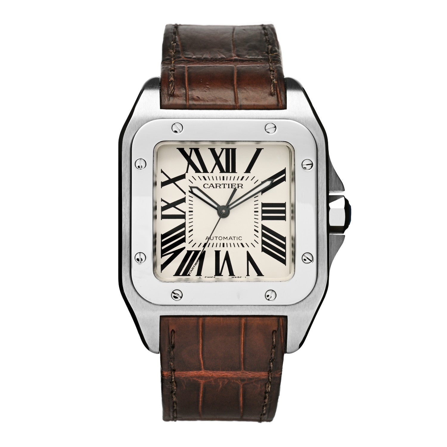 Cartier Stainless Steel Alligator 38mm Santos 100 Automatic Watch Brown 1 of 4