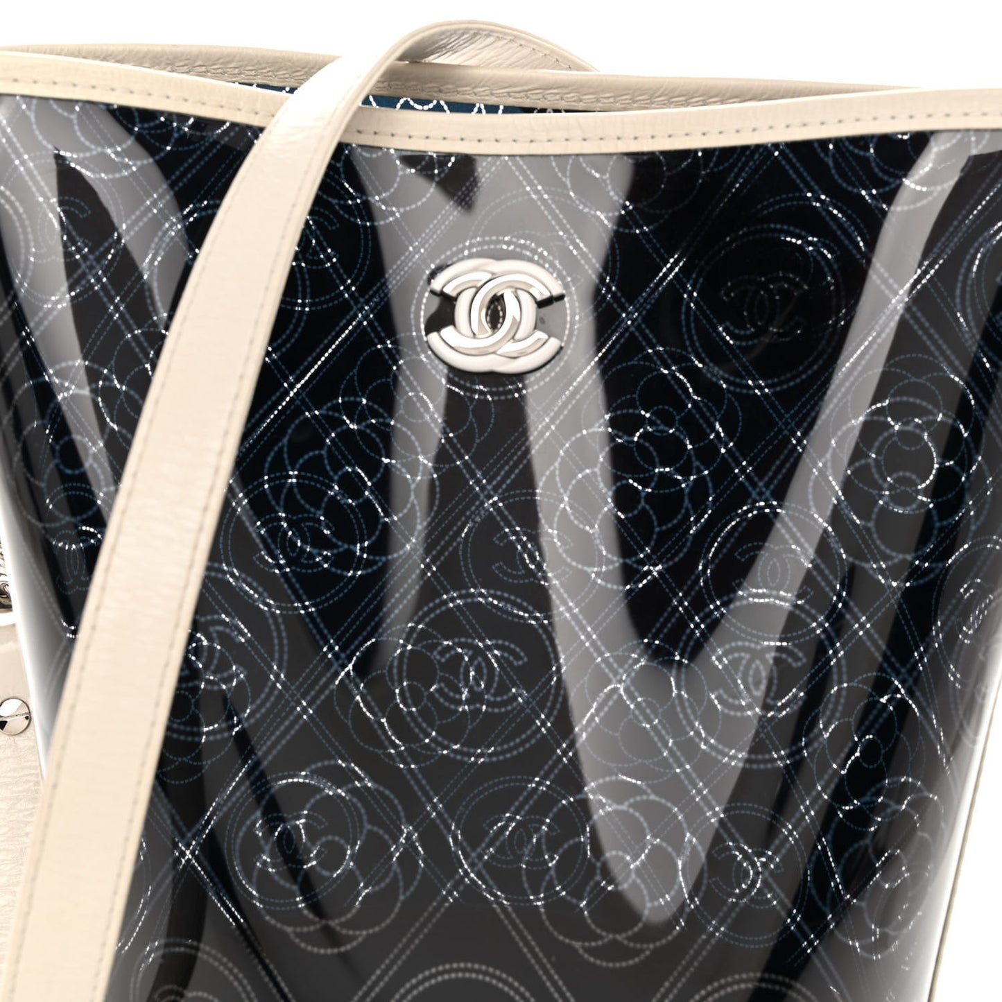 Crumpled Calfskin PVC Camellia Coco Bucket Bag Black White