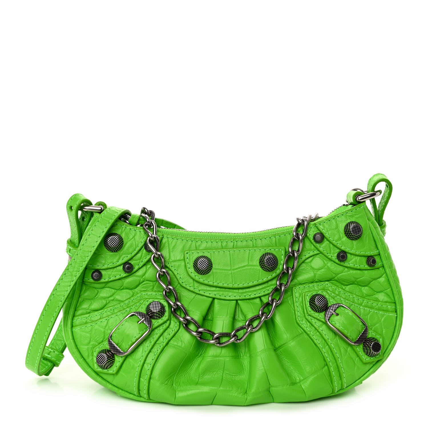 Balenciaga Extra Supple Calfskin Crocodile Embossed Le Cagole Mini Purse With Chain Acid Green 1 of 9
