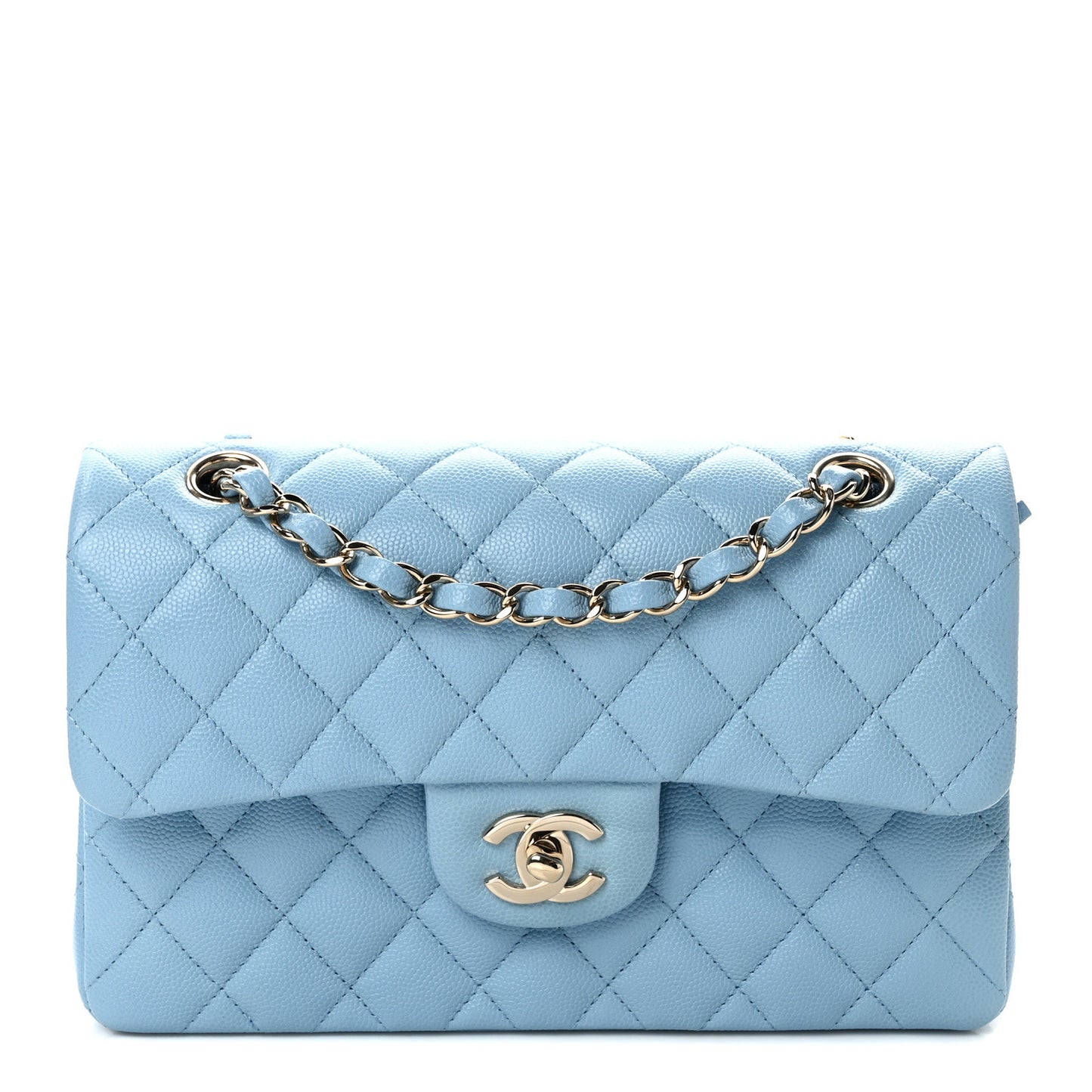 Caviar Quilted Small Double Flap Light Blue