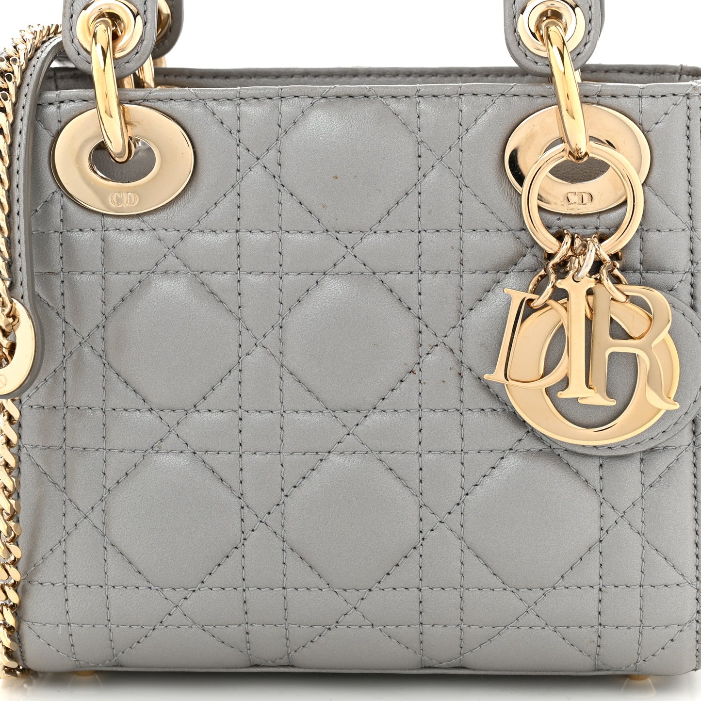 Metallic Lambskin Cannage Mini Lady Dior Grey