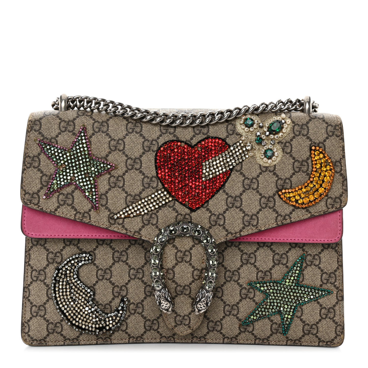 GG Supreme Monogram Suede Pierced Heart Embroidered Medium Dionysus Shoulder Bag Beige Ebony Pink Tropical Flower