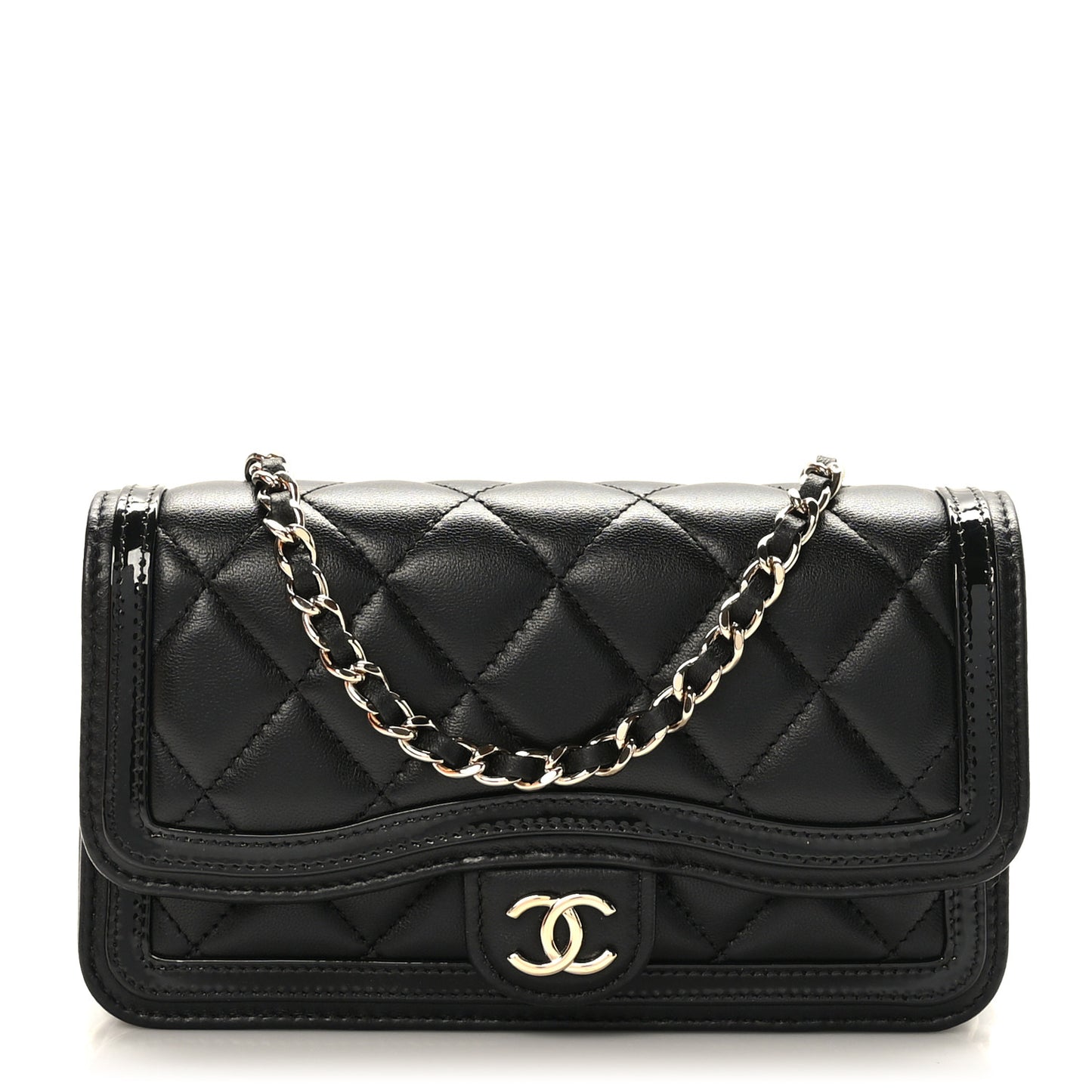 Lambskin Patent Calfskin Quilted Flap Phone Holder With Chain Black