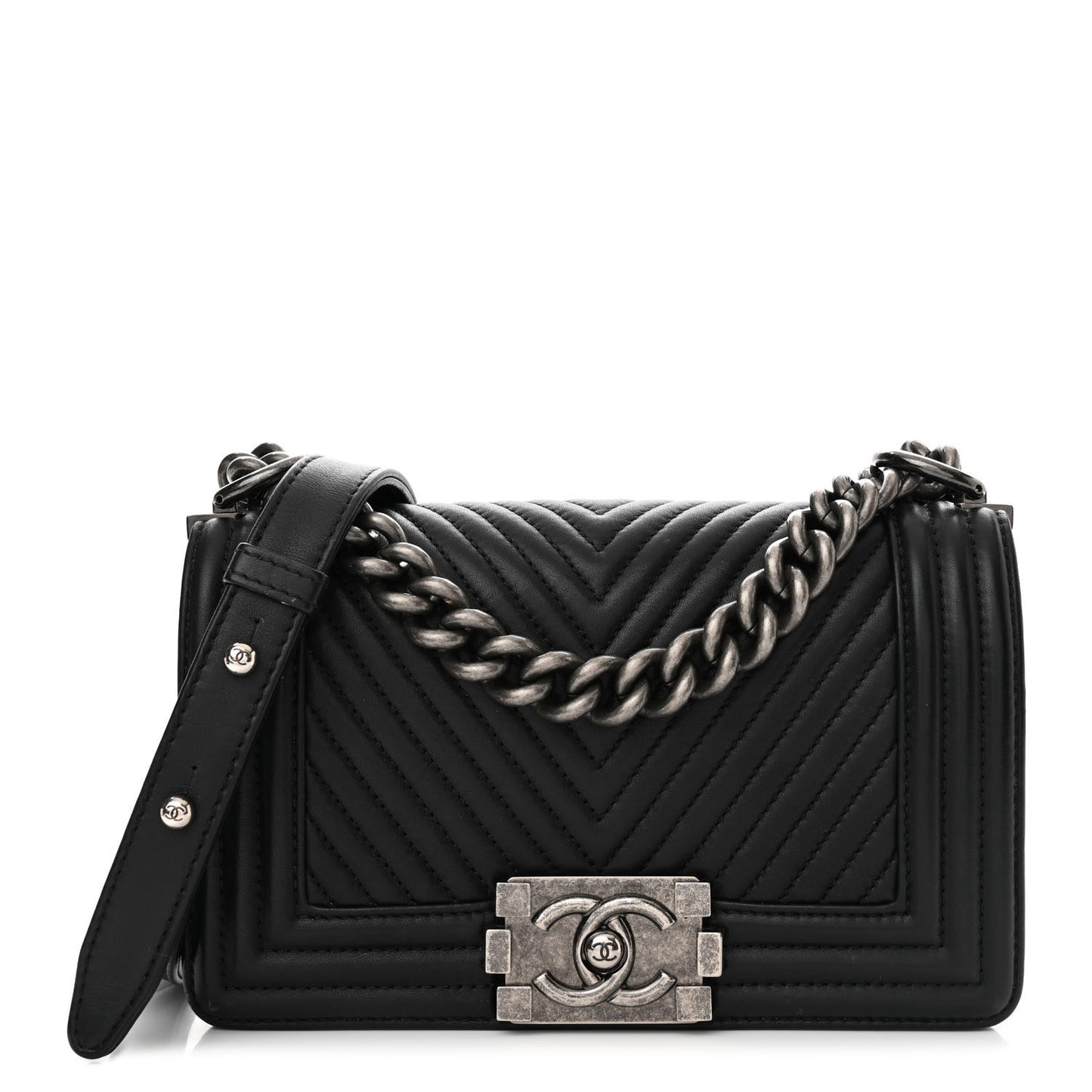 Calfskin Chevron Quilted Small Boy Flap Black