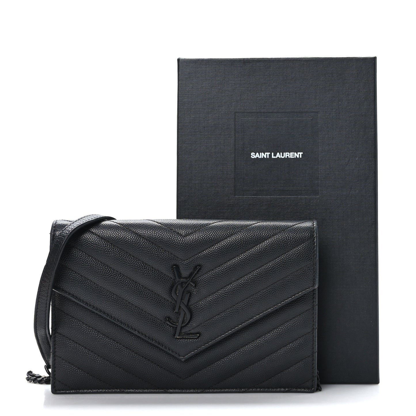 Grain De Poudre Matelasse Chevron Monogram Monochrome Envelope Chain Wallet Black