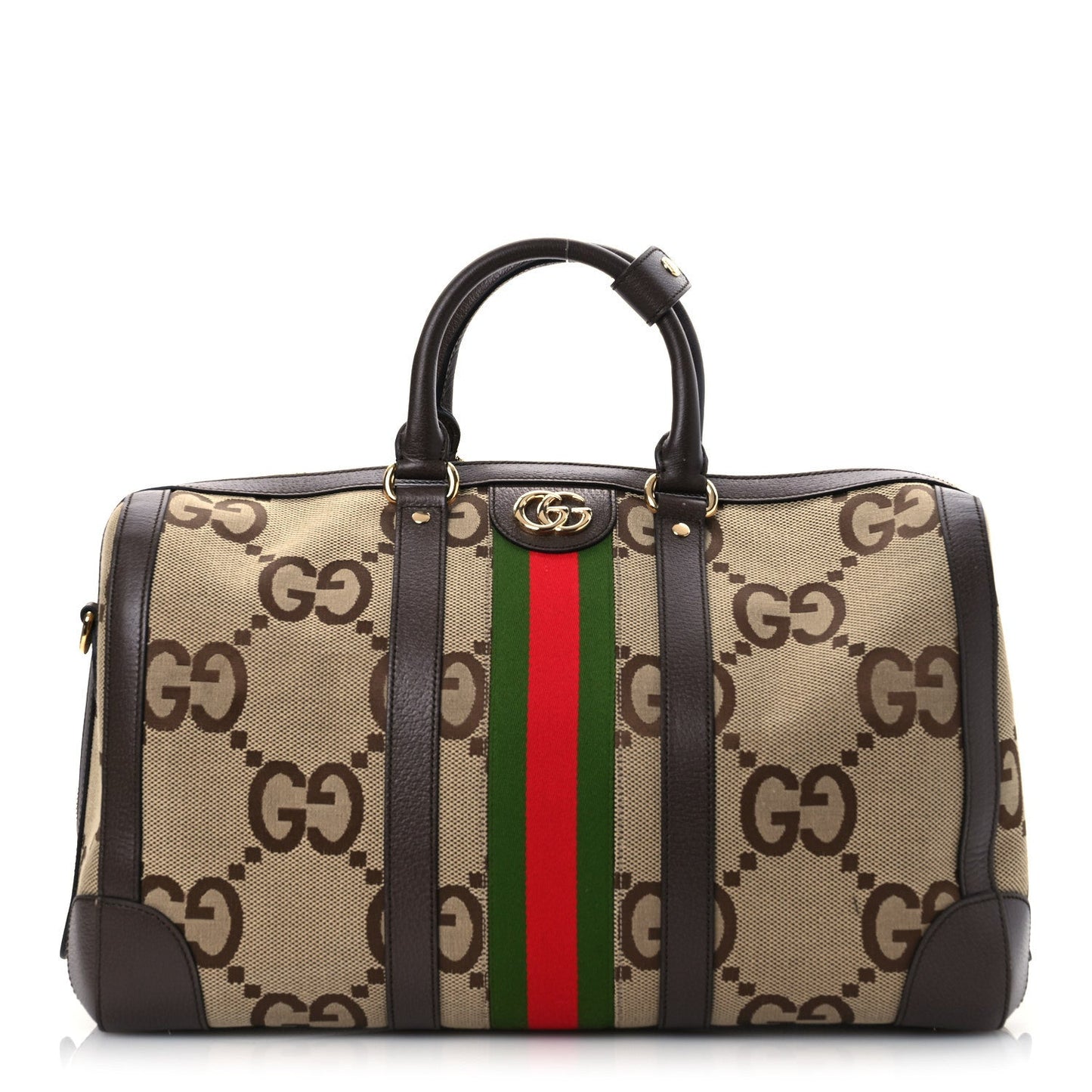 Monogram Jumbo GG Textured Dollar Calfskin Web Medium Duffle Bag Camel Ebony