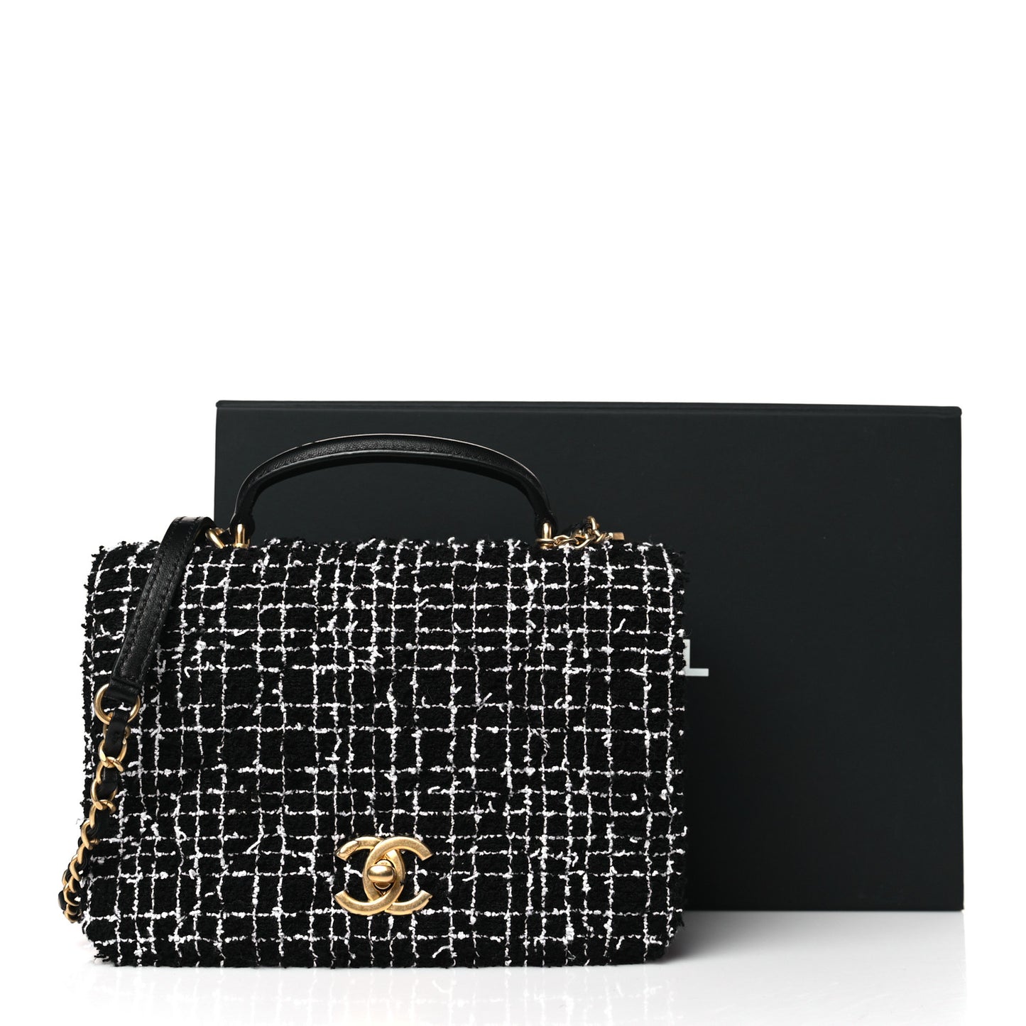 Tweed Lambskin Quilted Top Handle Flap Black White