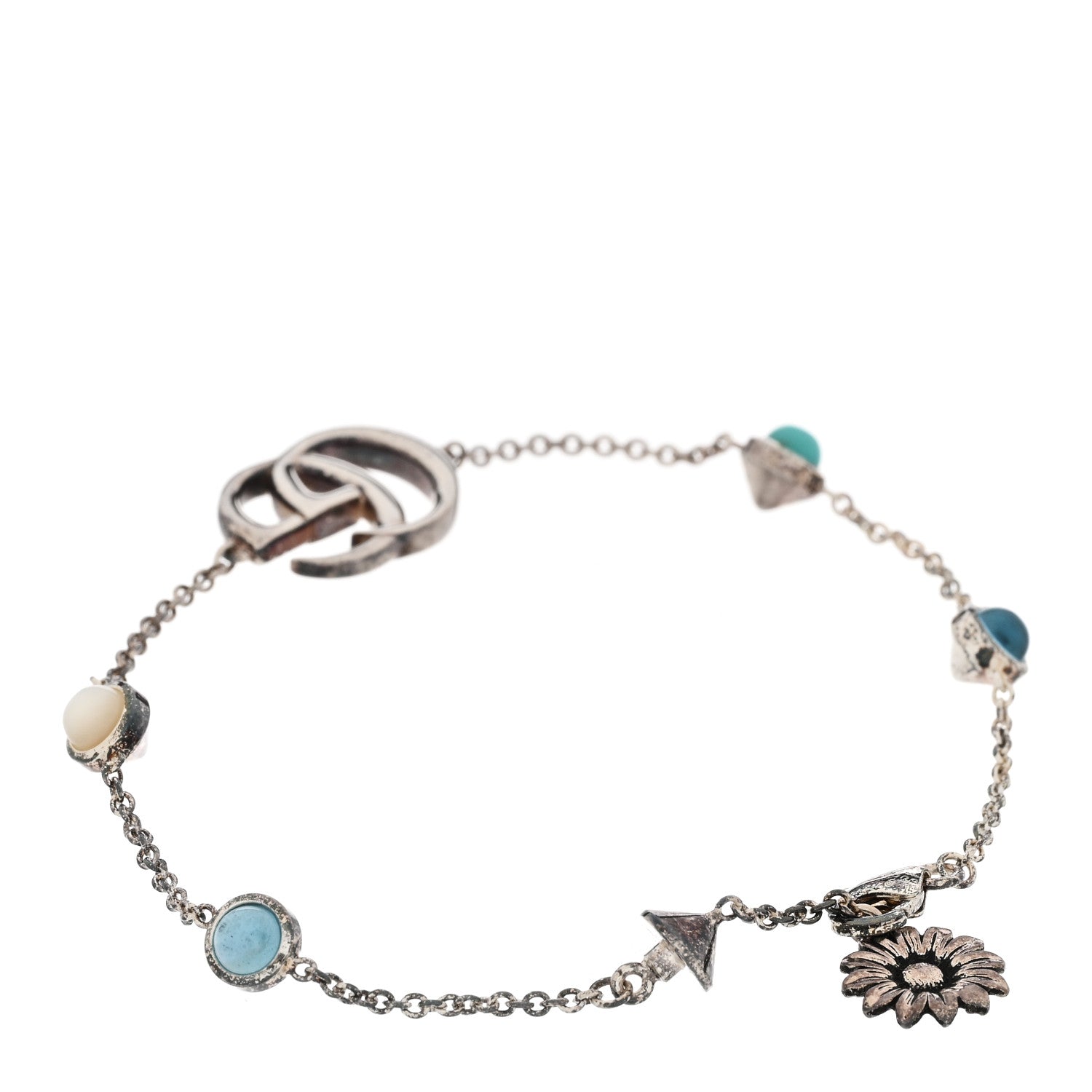 Gucci Sterling Silver Blue Topaz Mother of Pearl Resin Double G Flower Bracelet Turquoise 2 of 6