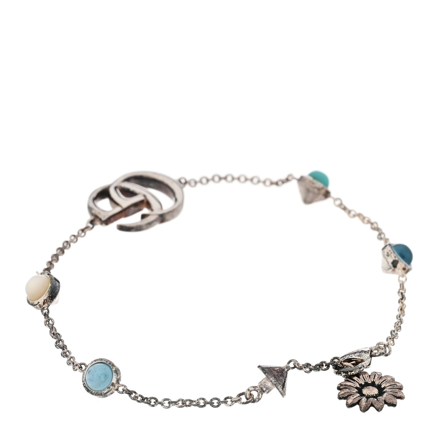 Sterling Silver Blue Topaz Mother of Pearl Resin Double G Flower Bracelet Turquoise