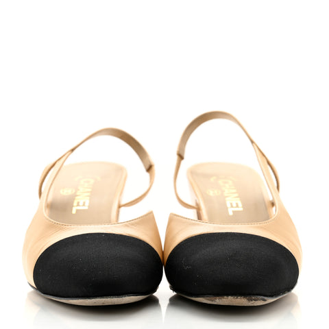 Goatskin Grosgrain Cap Toe CC Slingback Pumps 40 Beige Black
