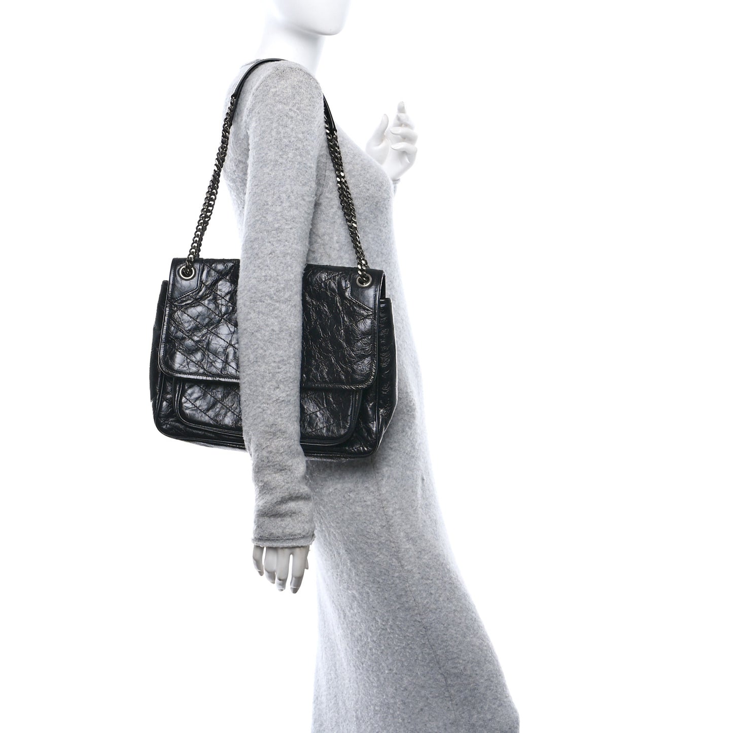 Crinkled Calfskin Matelasse Monogram Large Niki Chain Satchel Black