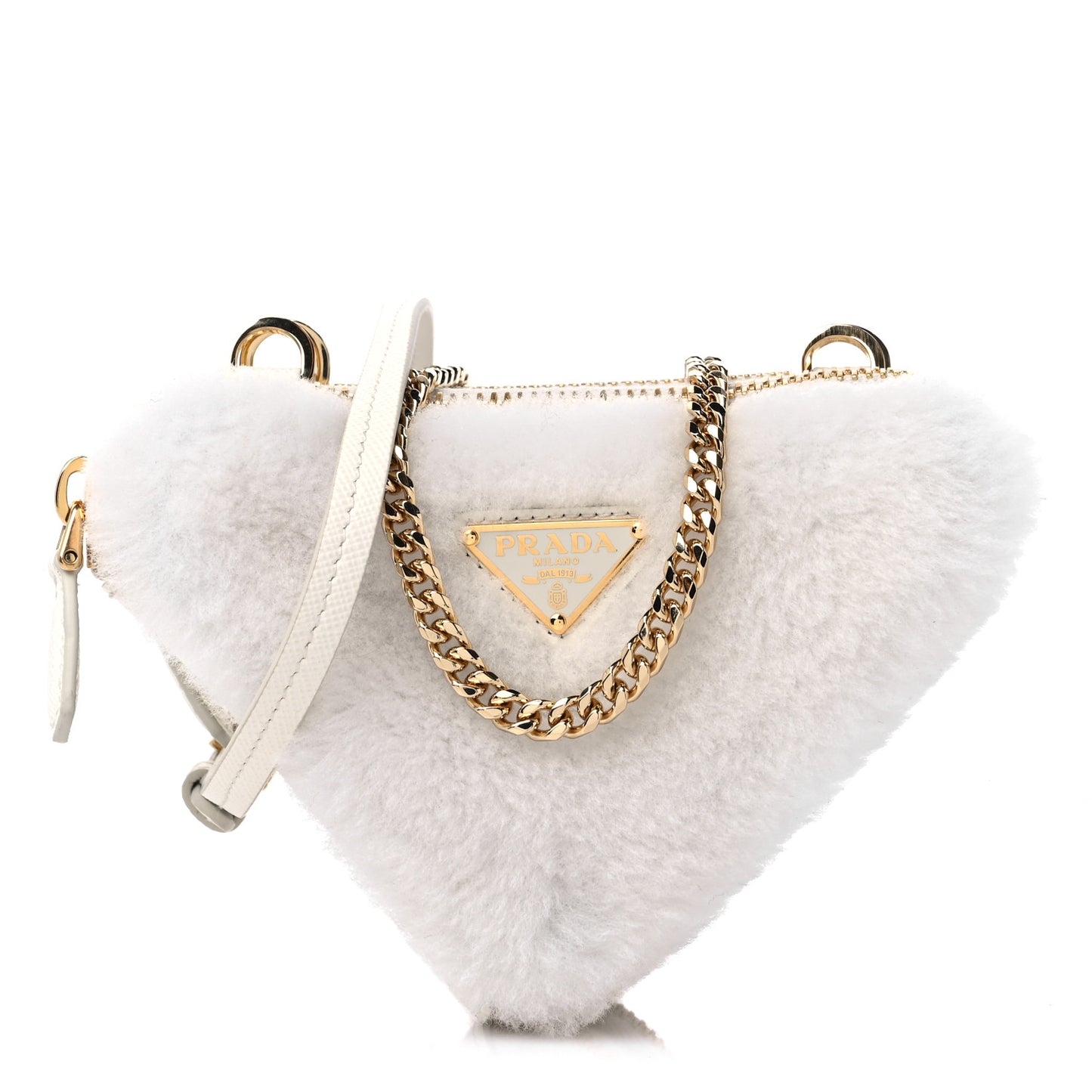 Saffiano Shearling Triangle Mini Pouch White