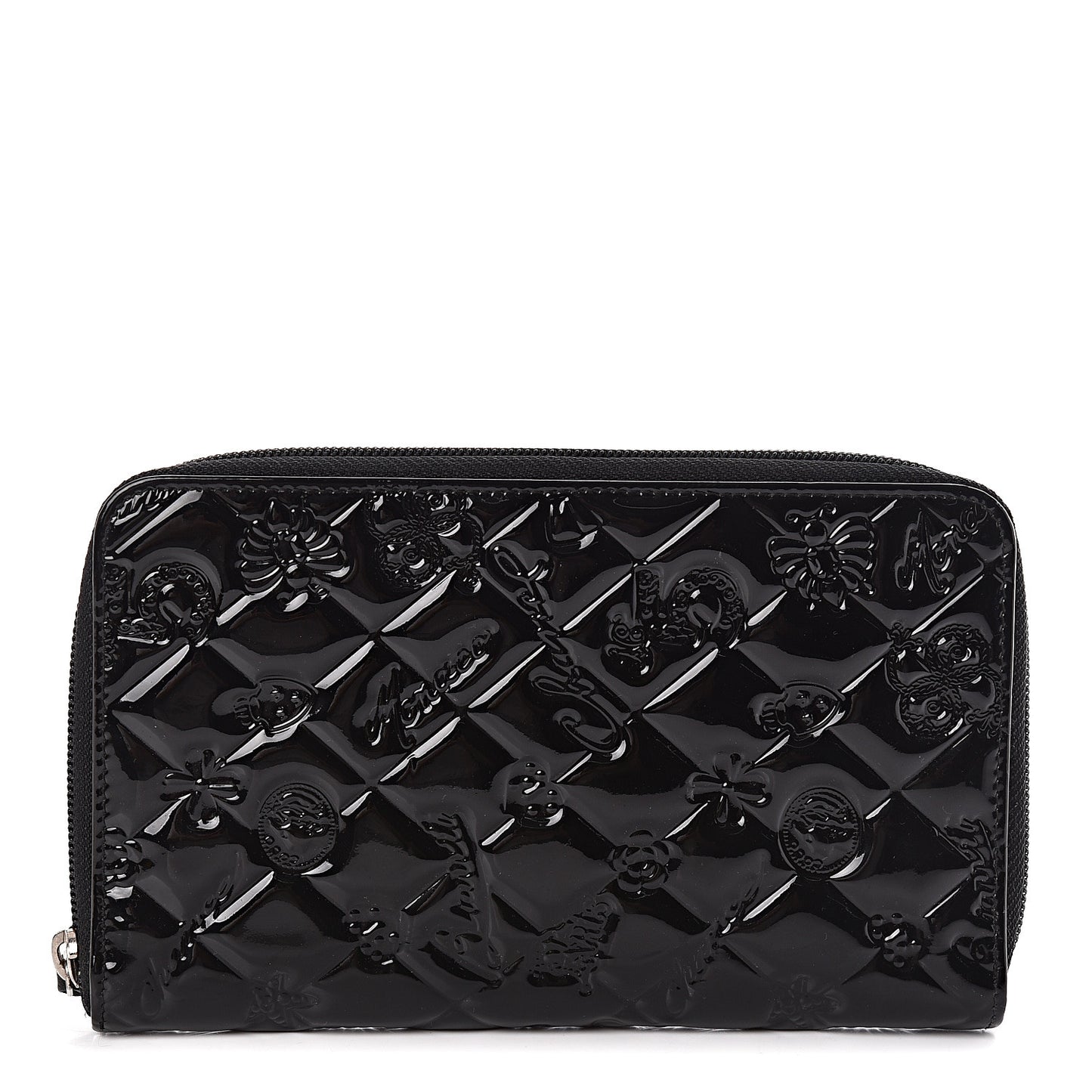 Patent Calfskin Lucky Symbols Zip Around Wallet Black