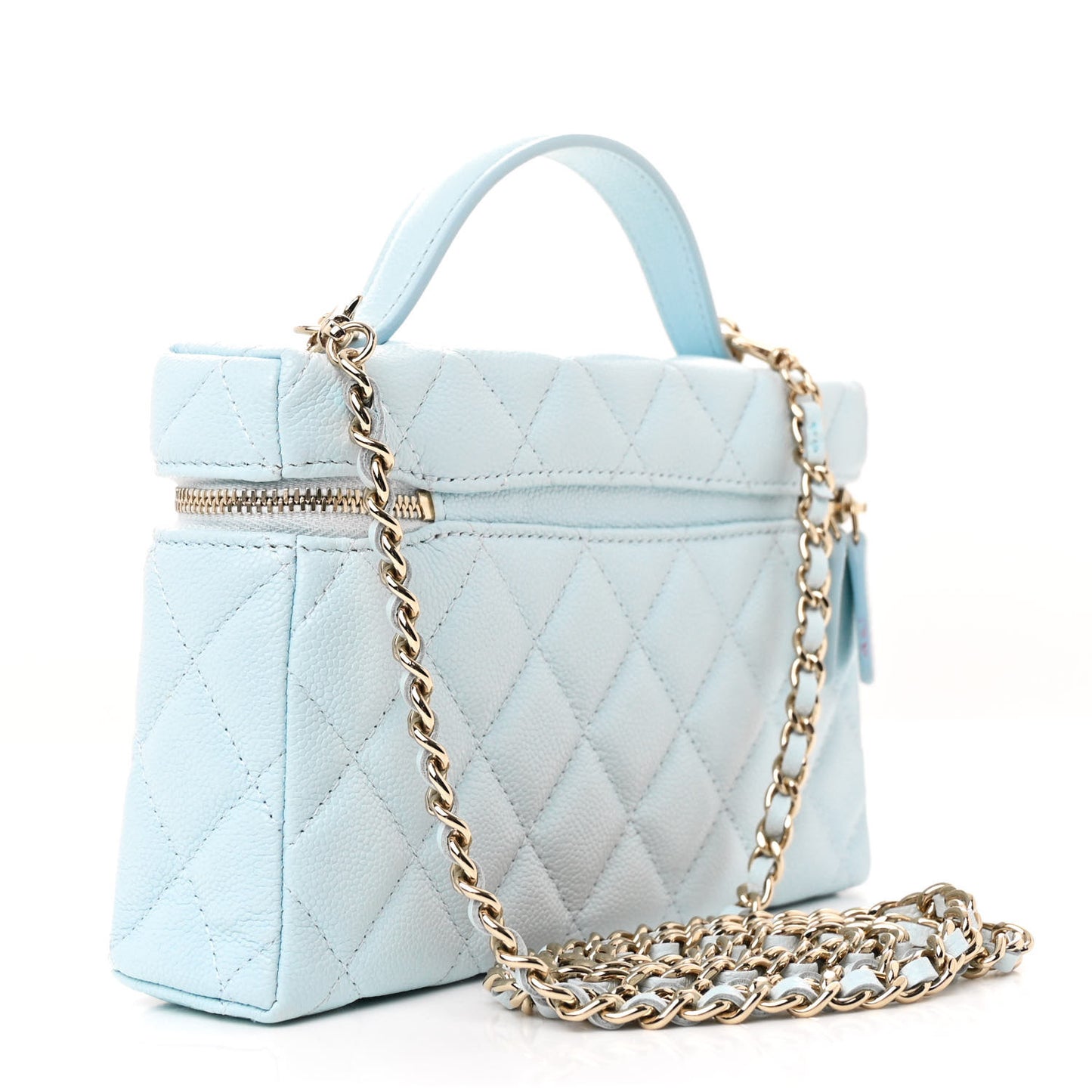 Caviar Quilted Top Handle Slim Vanity With Chain Light Blue