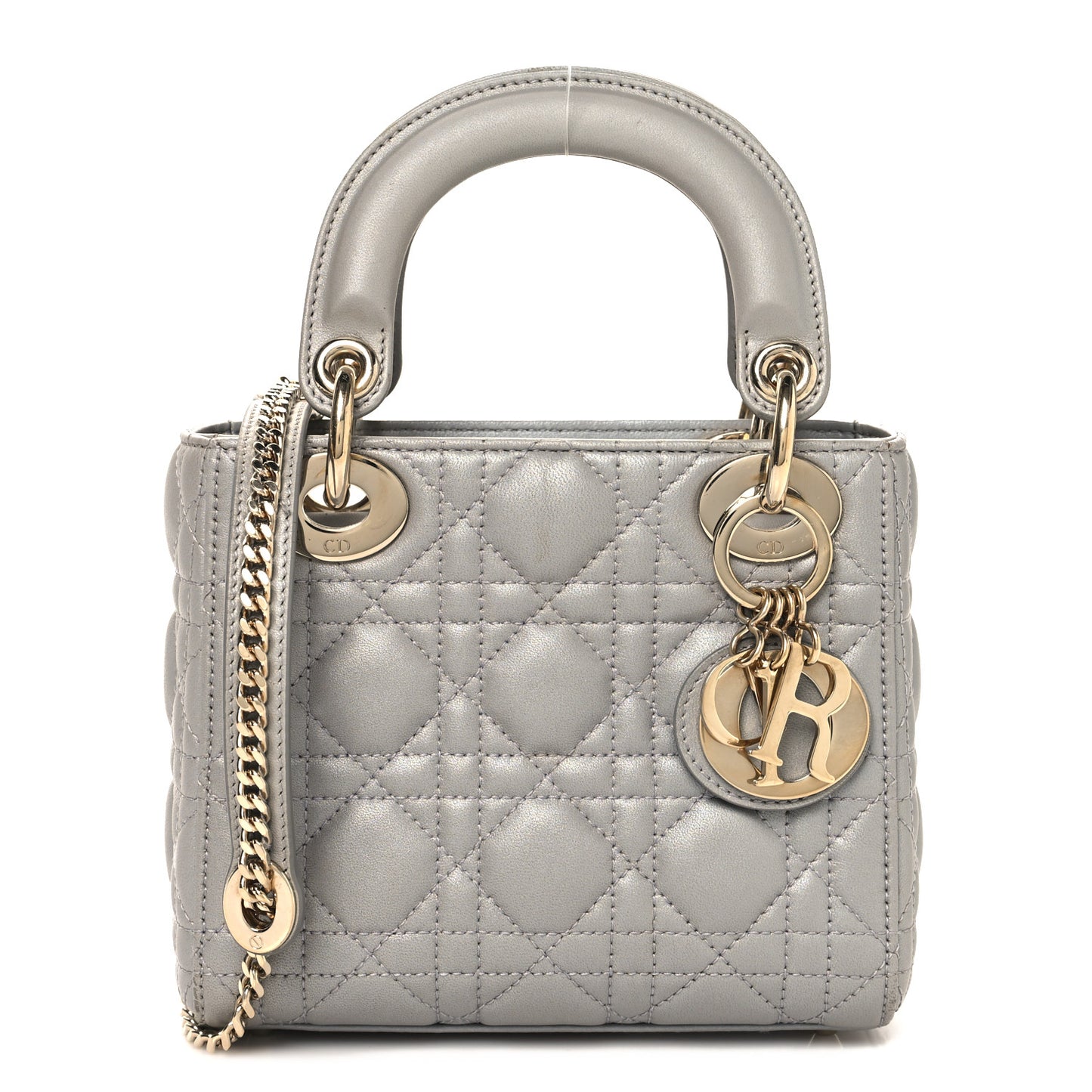 Metallic Lambskin Cannage Mini Lady Dior Grey