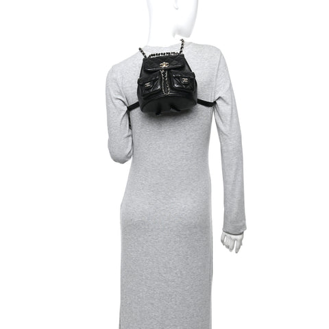 Shiny Caviar Quilted Small Duma Pockets Drawstring Backpack Black