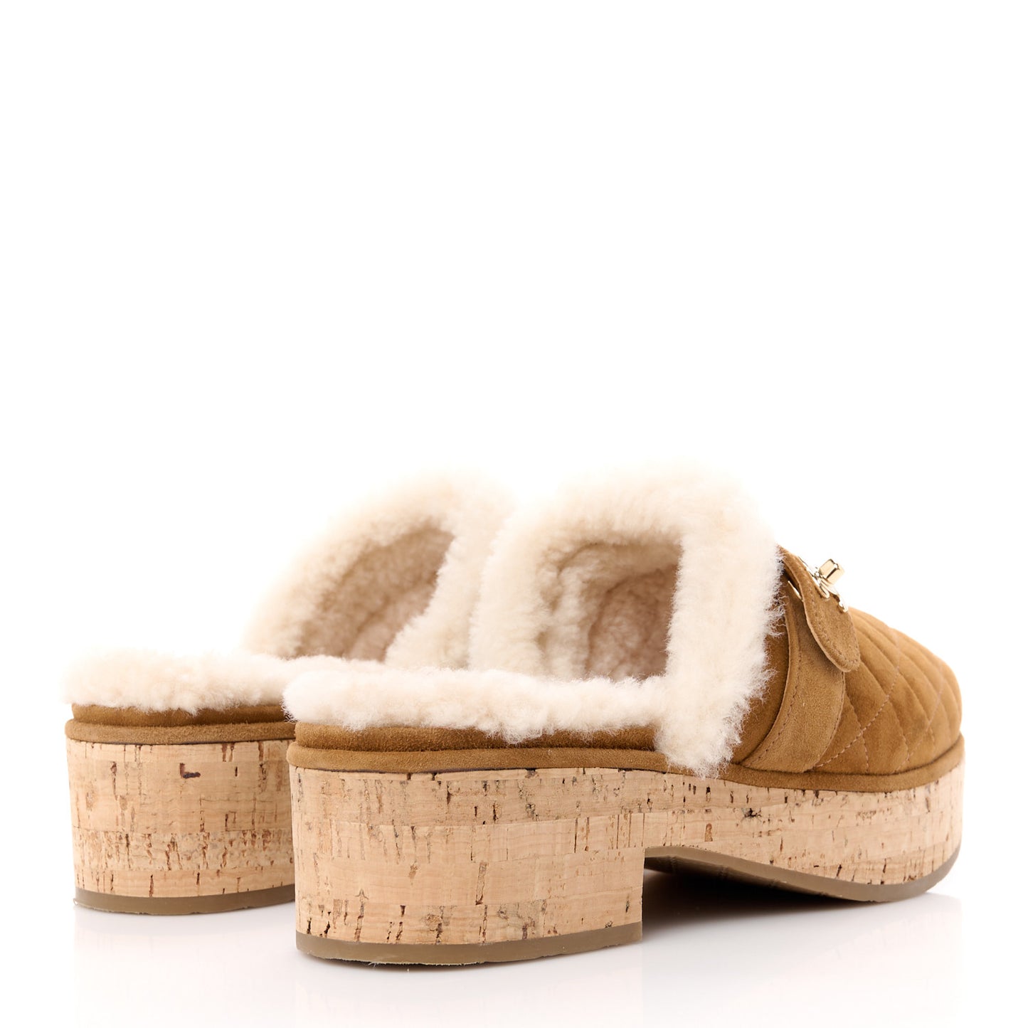 Suede Calfskin Shearling Turn Lock Clogs 39 Brown