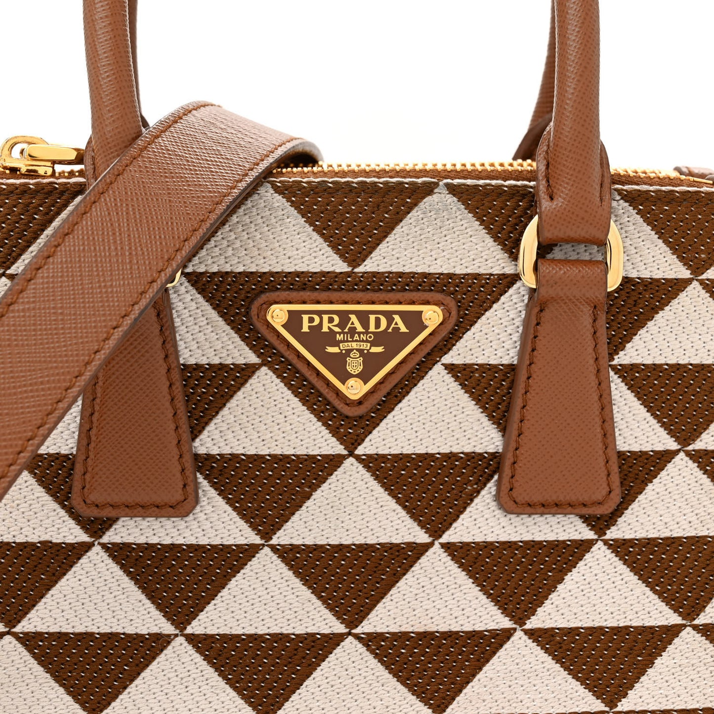 Jacquard Saffiano Triangolo Symbole Embroidered Mini Galleria Double Zip Tote Tabacco Talco