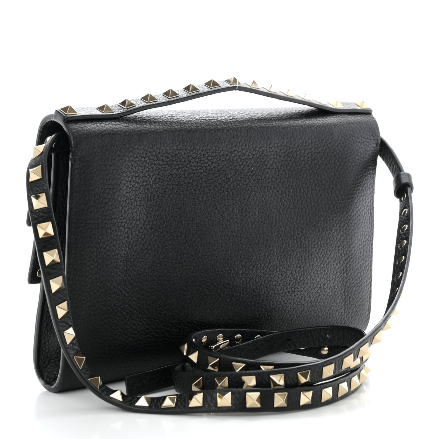 Grainy Calfskin Rockstud Double Flap Crossbody Bag Black