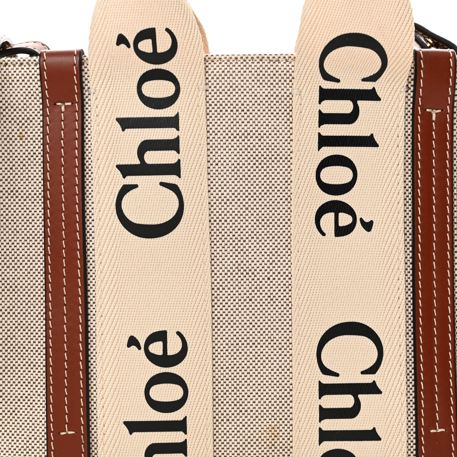Chloe Cotton Calfskin Small Woody Ribbon Tote With Strap White Brown 8 of 13