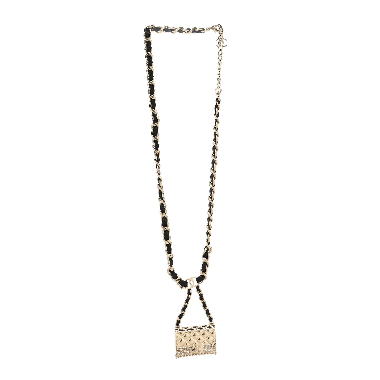 Metal Lambskin Chain Flap Bag Long Necklace Gold Black